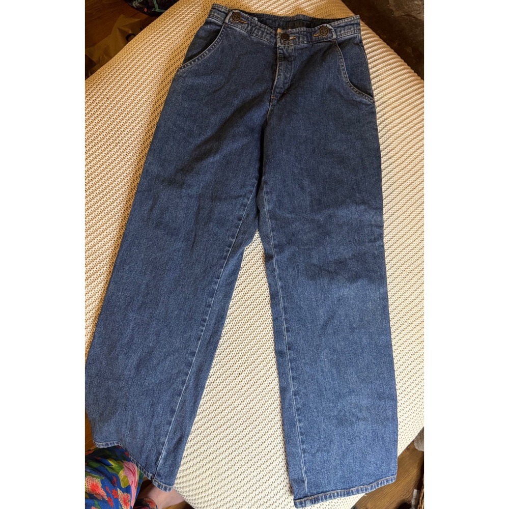 TravelSmith Women 4P Medium Wash Wide Leg Nautical Anchor Button Jeans High Rise